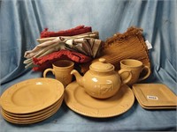 Plates, Mugs, Teapot & Table Linens