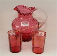 THUMBPRINT CRANBERRY PITCHER AND THREE TUMBLERS