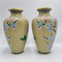 Cloissone Style Bluebird Vase Pair