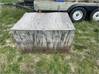 3'x4' wood box with lid on wheels with misc