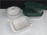 GLASS COVERED BAKING DISHES W/ LIDS, CORNING POT,