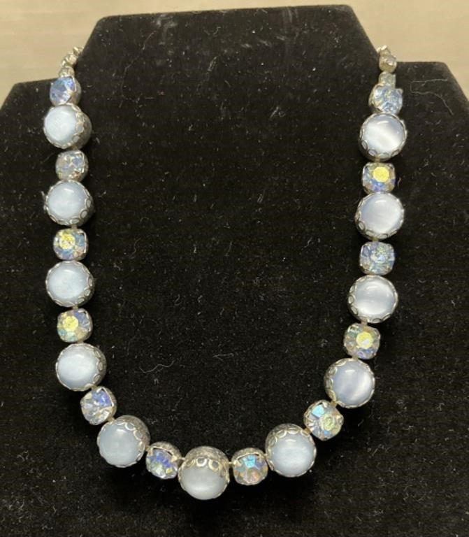 VTG 1950's Blue rhinestone glass coined necklace