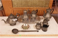 Pewter serving pieces & aluminum tray