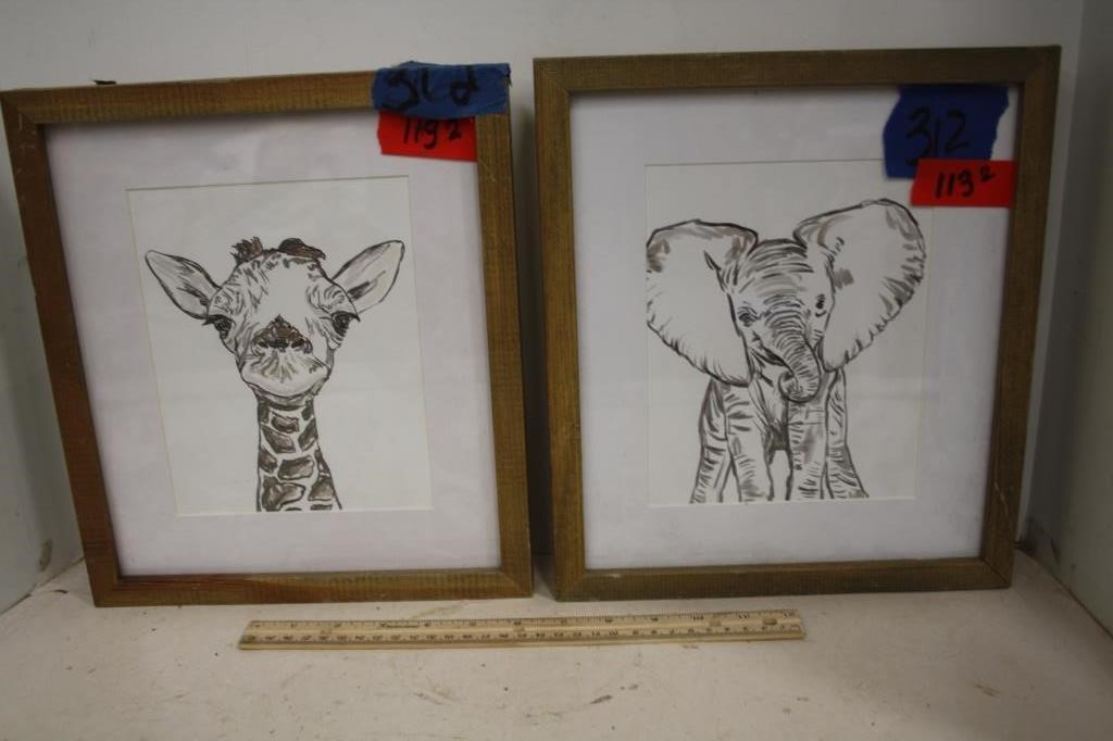 Framed Elephant & Giraffe Sketch