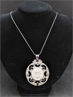 Sterling Silver Large Carved Face & Cabochon Stone