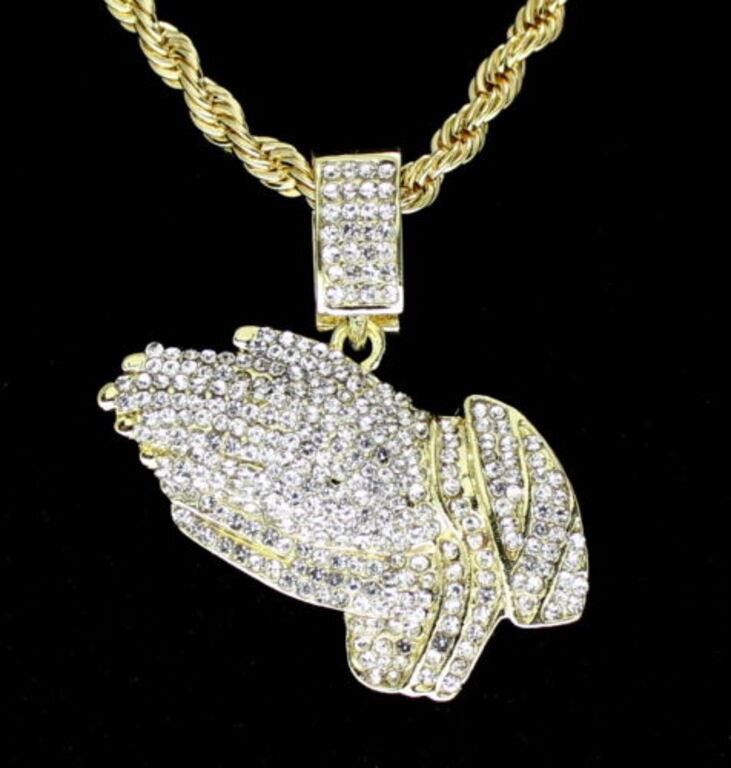 Praying Hands Cz Pendant 14k Gold Plated 24" Rope