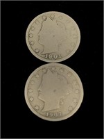 Pair of Antique 5C Antique V Nickel Coins- 1901,