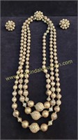 Vintage Triple Strand Necklace & Earrings