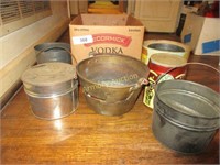 Box of tins and 1 damaged copper pot