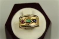 14K GOLD RUBY EMERALD AND SAPPHIRE DRESS RING