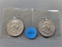 2 Benjamin Franklin half dollars; 1961d, 1962d. Bu