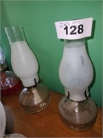 2 X'S BID PAIR 14" T ROUND GLASS BASE OIL LAMPS