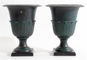 Neoclassical Style Verdigris Patinated Urns, Pair