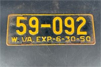 1950 WEST VIRGINIA LICENSE PLATE #59092