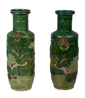 Chinese Sancai Carved Biscuit Crane Pond Vases