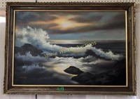 1973 Signed Oil On Canvas Crashing Waves Painting