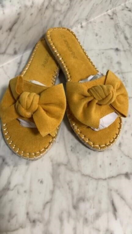 Cute yellow flip flop sandals, soft faux suede