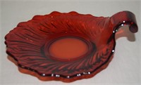 Vtg Viking Epic Ruby Red Art Glass Leaf Nappy Dish