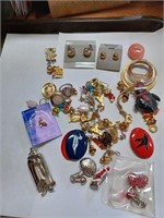 Lot of Costume Pins, Earrings,  Ring, Etc.