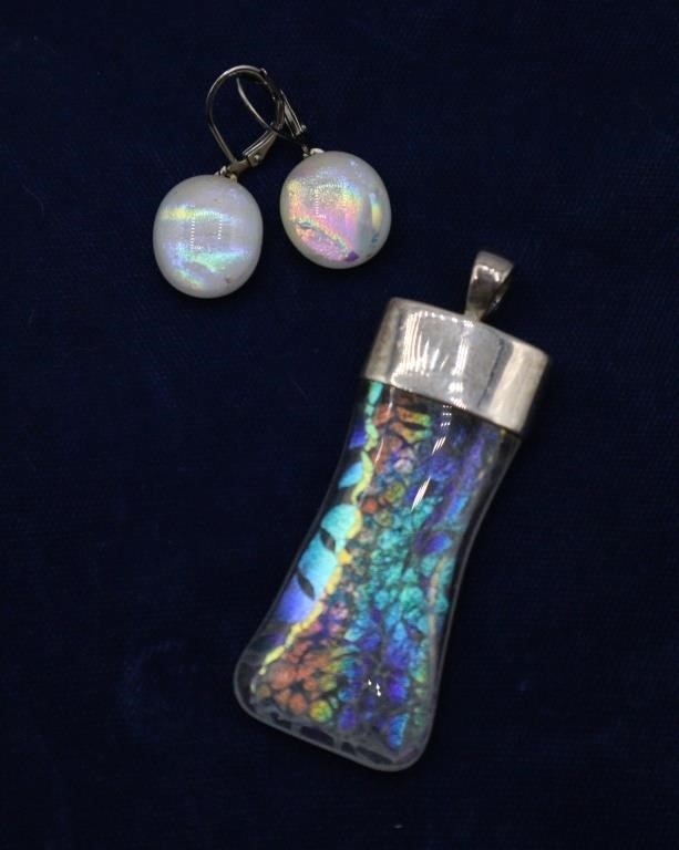 925 Mounted Art Glass Pendant & Earrings