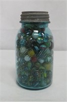1930's Blue Ball Mason Jar Filled with Marbles