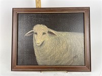 sheep wooden framed crackle oil painting, signed