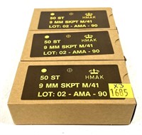 x3- Boxes of 9mm Luger SKPT M/41 cartridges,