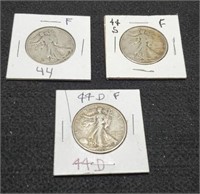 1944-P,D,F Walking Liberty Half Dollars, All F