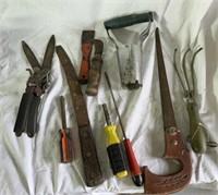 Various hand tools including key hole saw and