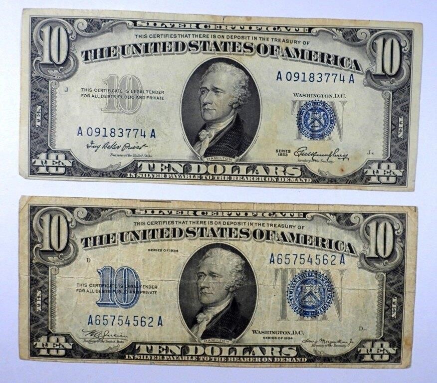 (2) $10 SILVER CERTIFICATES 1934 & 1953