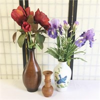(3) pieces, Vases, Wood Candlestick, Floral
