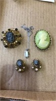 Cameo jewelry lot. Pair of clip on earrings and