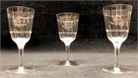 Set of 3 - Vintage Etched and Banded Glass Stemwar