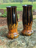 Pair Orange & Black Art Glass Vases - Unsigned