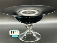 Art Glass Pedestal Bowl Black on Clear Base