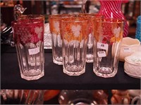 Six vintage 5 1/4" glass tumblers with colored