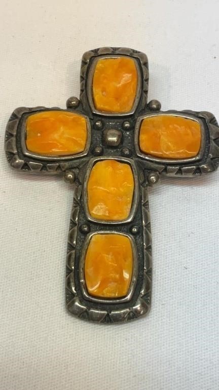 Sterling and stone cross brooch