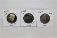 (3) Kennedy Half Dollars 1984 P,D BU and S Proof
