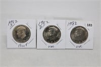 (3) Kennedy Half Dollars 1982 P,D BU and S Proof