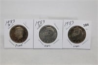 (3) Kennedy Half Dollars 1983 P,D BU and S Proof