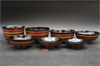 7 Japanese Wood Lacquered Striped Bowls