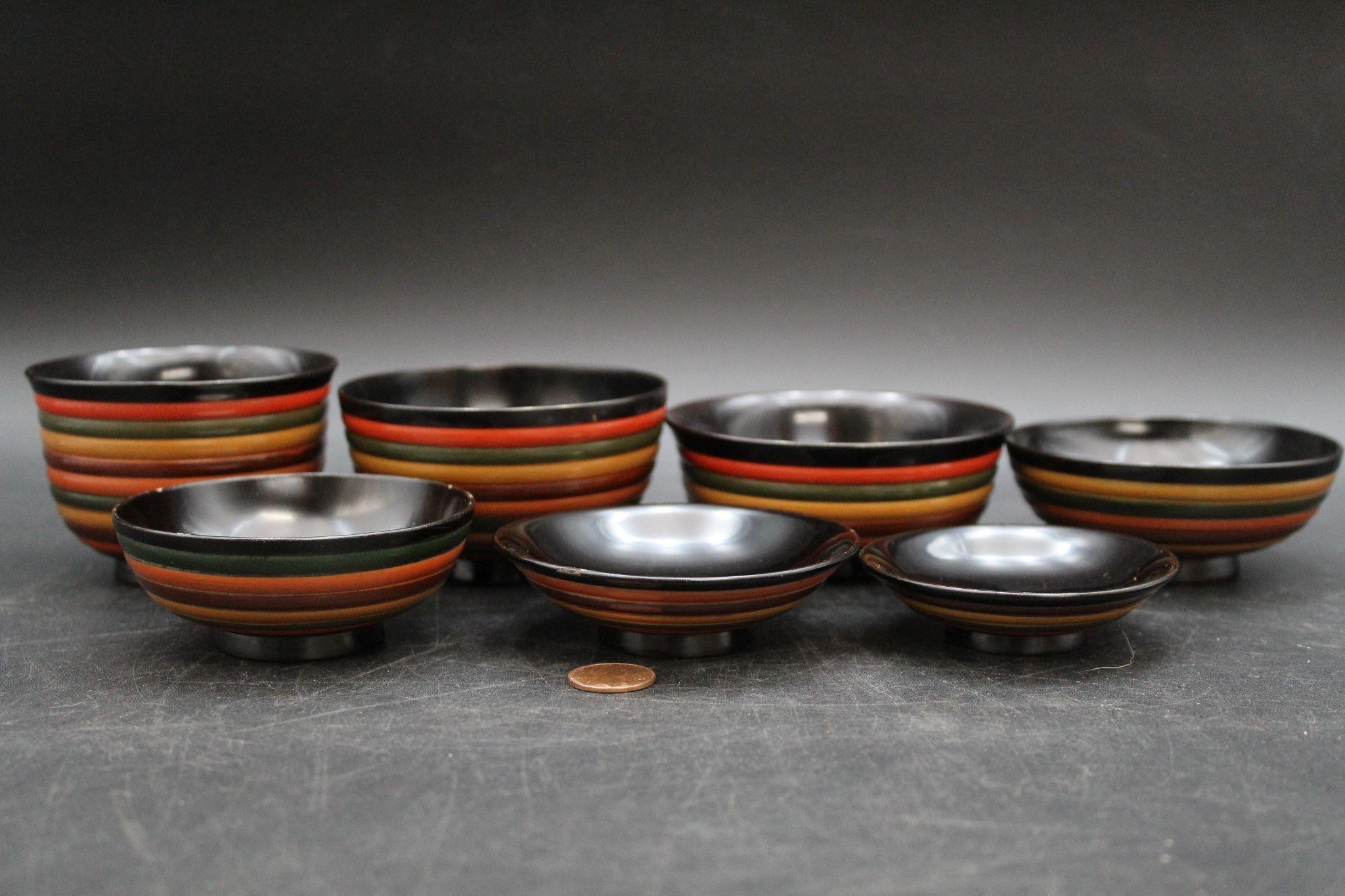 7 Japanese Wood Lacquered Striped Bowls