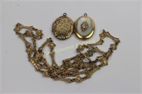 PAIR VICTORIAN GOLD PLATE LOCKETS & NECKLACE