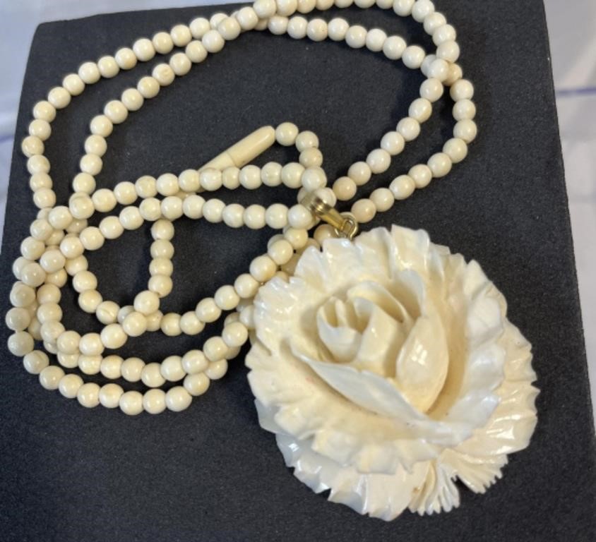 Vintage Real Ivory carved rose necklace - great