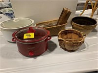 CROCK POTS, BASKETS, STONEWARE MIXING BOWL