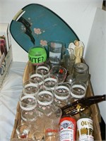 MID CENTURY TRAY, BEER GLASSES, VINTAGE SYRUP