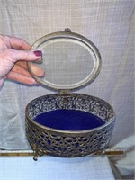 Footed Metal and Glass Lidded Jewelry Trinket Box