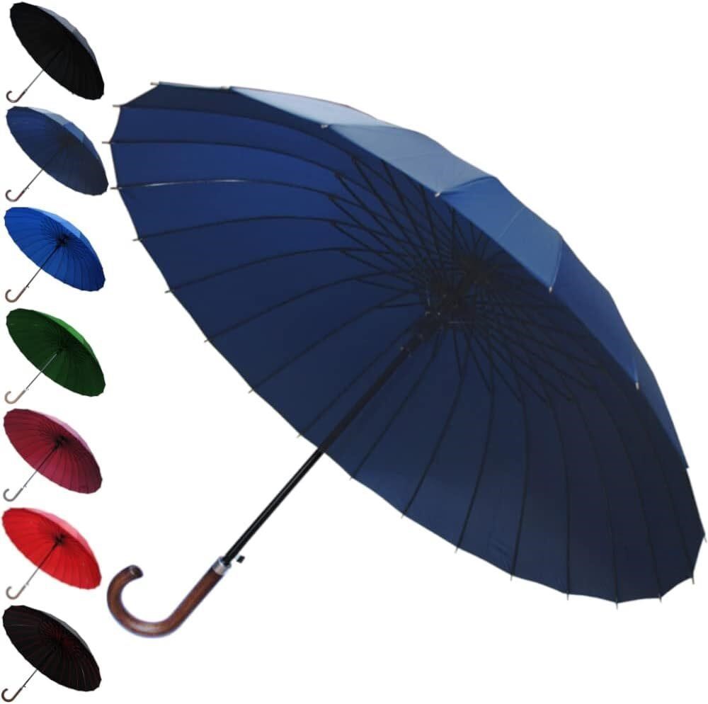 Windproof Umbrella  Auto  Navy Blue  Wood Handle