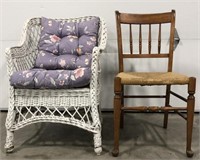 (Q) Wicker Chair w/ Cushions & Wooden Chair