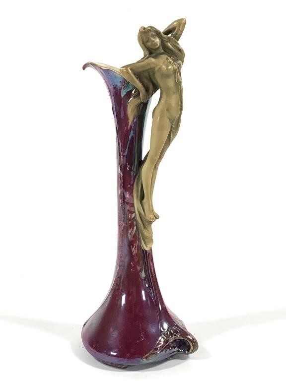 Art Nouveau Iridescent Ewer w Gold Nude Handle